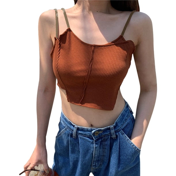 Txlixc Camisola de punto acanalado para mujer, correa de espagueti con dobladillo irregular Txlixc Sexy