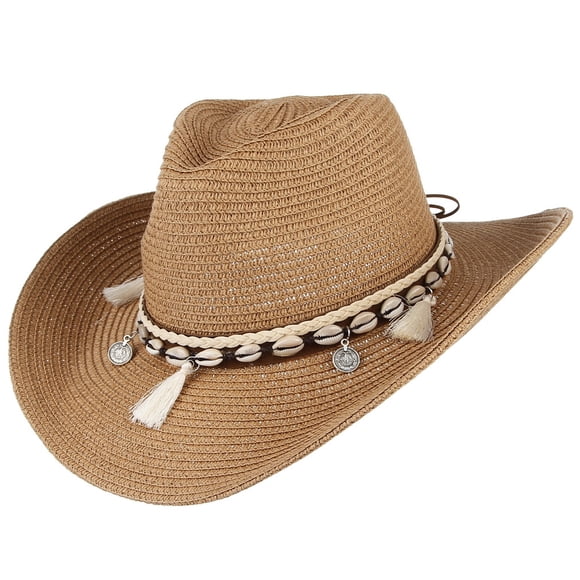 Summer Straw Cowboy Cowgirl Hat Sun Hats Wide Brim Beach Holiday Straw Hat with Shell Band (Hkaki)