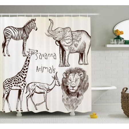 Safari Decor Shower Curtain Set, Collection Of Tropic African Asian Wild Savannah Animals Lion Giraffe Zebra Graphic Print, Bathroom Accessories, 69W X 70L Inches, By