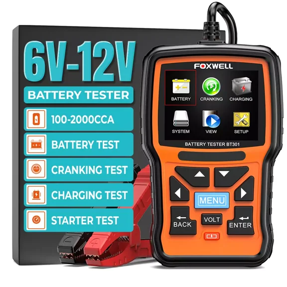 FOXWELL BT301 6V 12V Car Battery Tester, Automotive Battery Load Tester, Digital Battery Analyzer Crank Charging System Alternator Tester for Truck Marine Boat Motorcycle Golf Cart