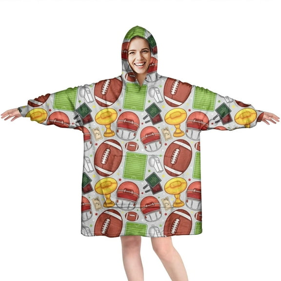 Gray Football Elements Pattern Wearable Oversized Blanket,Wearable Blanket Hoodie for Adults,Cozy Hooded Blankets with Super Pockets,Super Warm Fuzzy Pullover for Women & Men