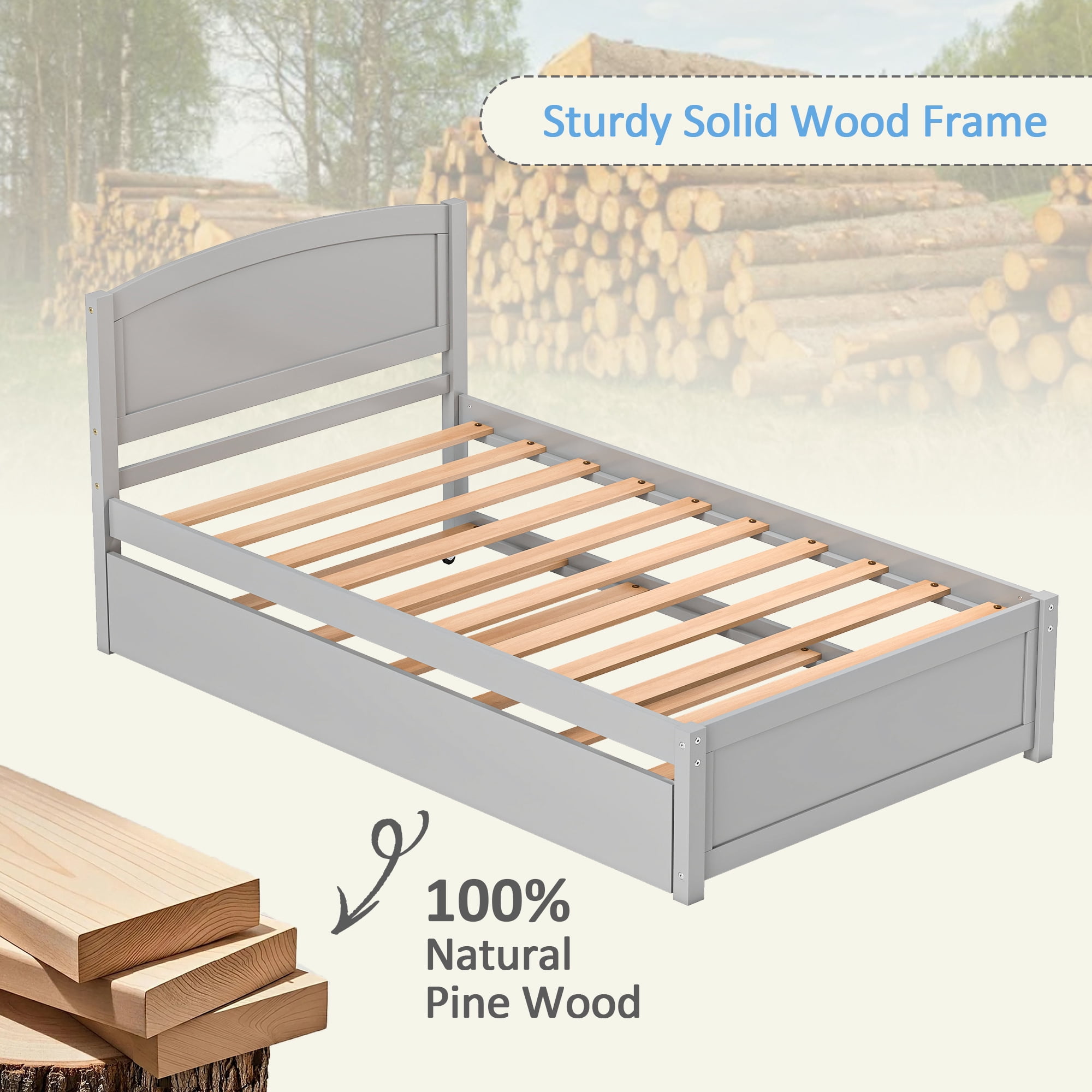 Guqiart Twin Size Trundle Bed Frame, Solid Wood Construction with Headboard, Roll Out Trundle & Wood Slat Support, Single Platform Bed No Box Spring Needed