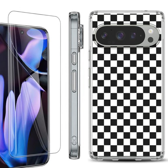 For Google Pixel 9 Pro XL Phone Case Cover, Shockproof Bumper Case with Tempered Glass Screen Protector, by OneToughShield - Checker B/W