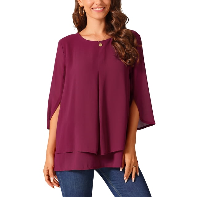 INSPIRAR CHIC Blusa de gasa para mujer, cuello redondo, manga 3/4, top tunic de dos capas, casual, color vino rojo