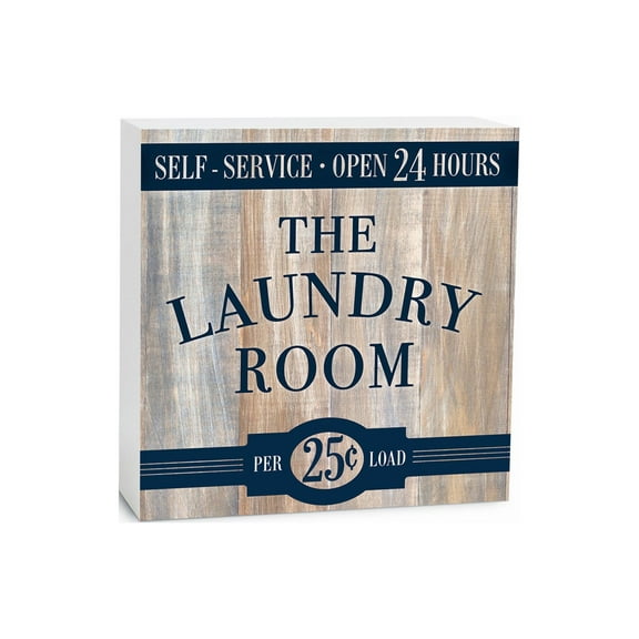 Laundry Room Blue Woodgrain 5 x 5 Wood Tabletop Sign Plaque