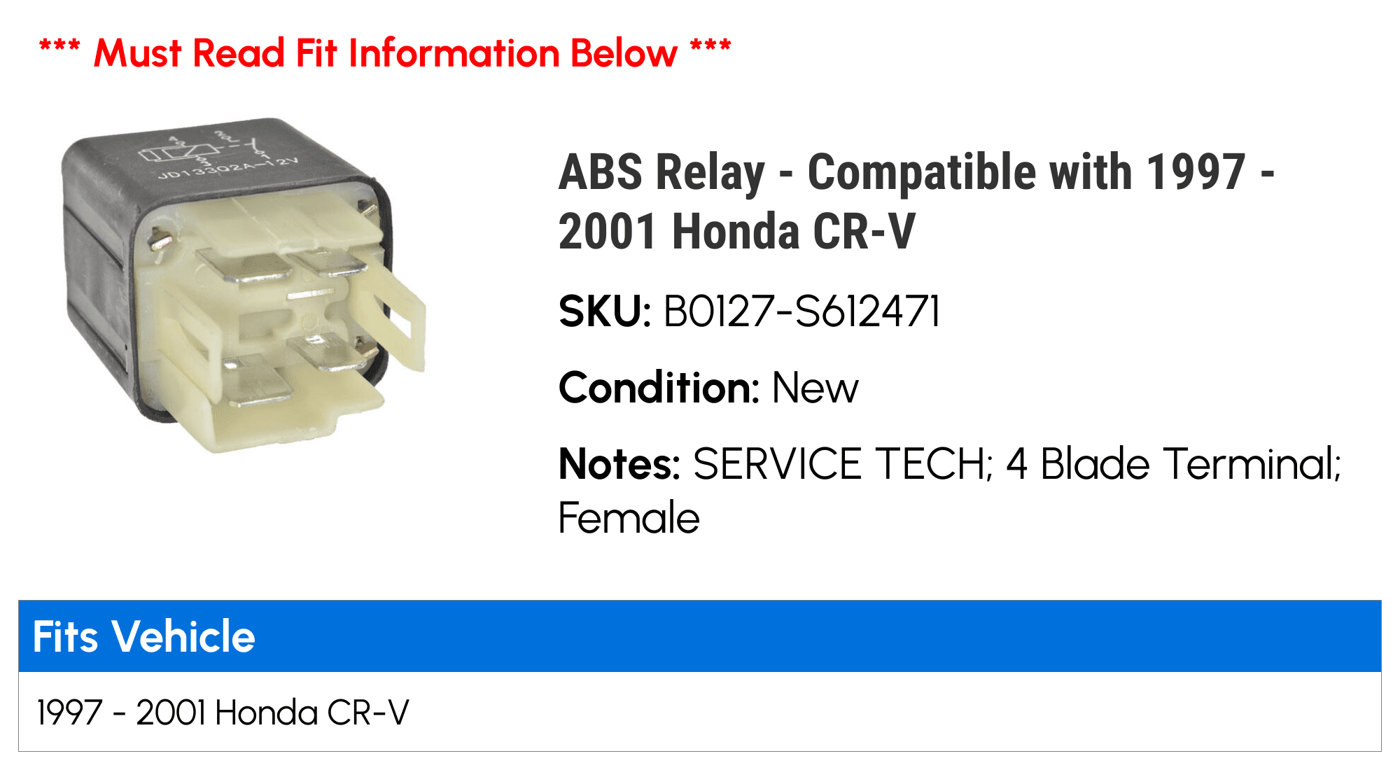 ABS Relay - Compatible with 1997 - 2001 Honda CR-V 1998 1999 2000