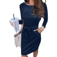 thumbnail image 5 of VSSSJ Women's Long Sleeve Casual Dresses Crew Neck Tie Waist Knee Length Daily Solid Color Comfy Loose T-Shirt Dress with Pockets Navy M, 5 of 7