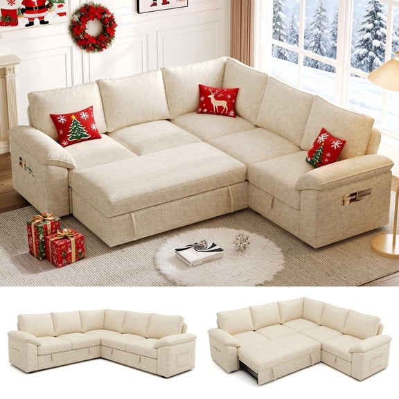 85 Inch Modular Sectional Sofa Couch with Pull Out Bed, L Shaped 5 Seat Cloud Sectional Sleeper Sofa with Storage, Removable Sofa Cover, Beige