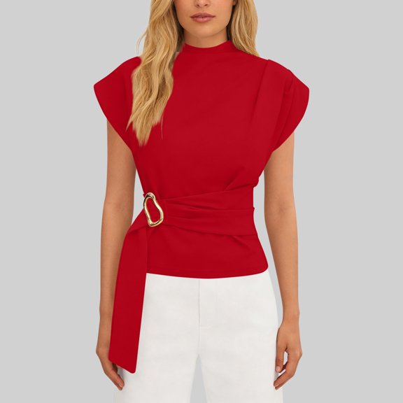 Wowcloth V-Neck Halter Top for Woman, Solid Color Short Sleeve with Tie Strap and Ruffle Design for Daily Wear and Summer Activities