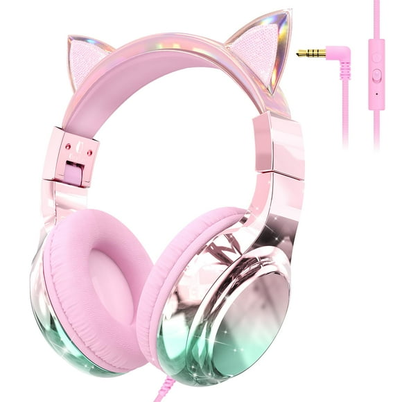 Auriculares infantiles QearFun con orejas de gato, con micrófono, con cable, plegables, rosa