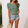 thumbnail image 3 of Camiseta con cuello redondo para mujer, manga corta abombada, Jacquard hueco, Color puro, holgada, camiseta de verano, verde, M, 3 of 7