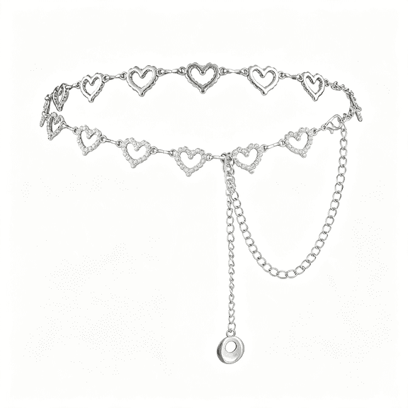 DESIGNICE Adjustable Chain Belts for Women,Silver Belt Chain Rhinestone Heart Shaped Waist,Sparkling Silver Belt