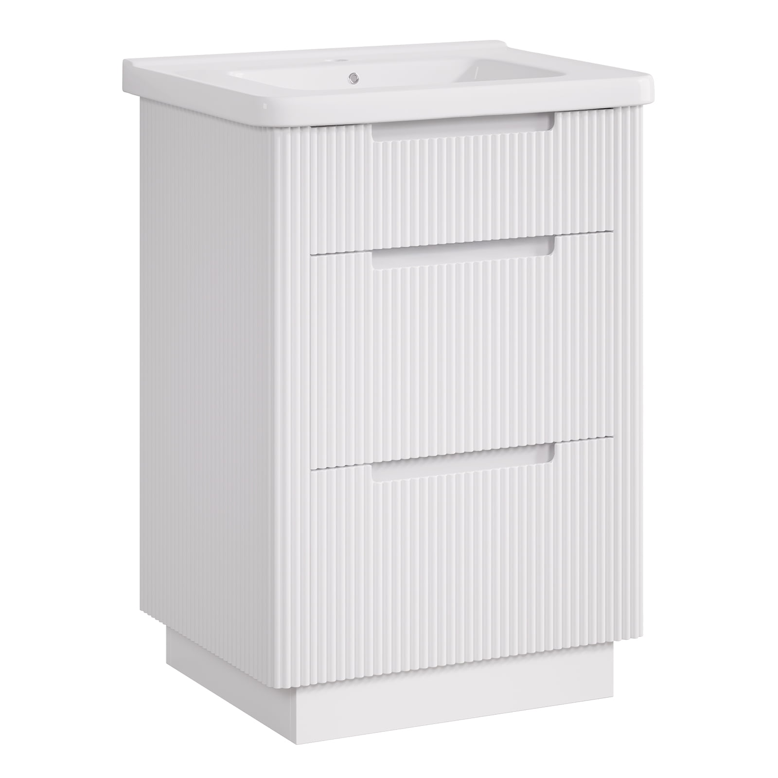 24 inch Bathroom Vanity with Ceramic Sink, Modern Floor Vanity Sink Cabinet with 3 Drawers, Fluted Free Standing Bathroom Storage Cabinet with Sink Combo Set, White