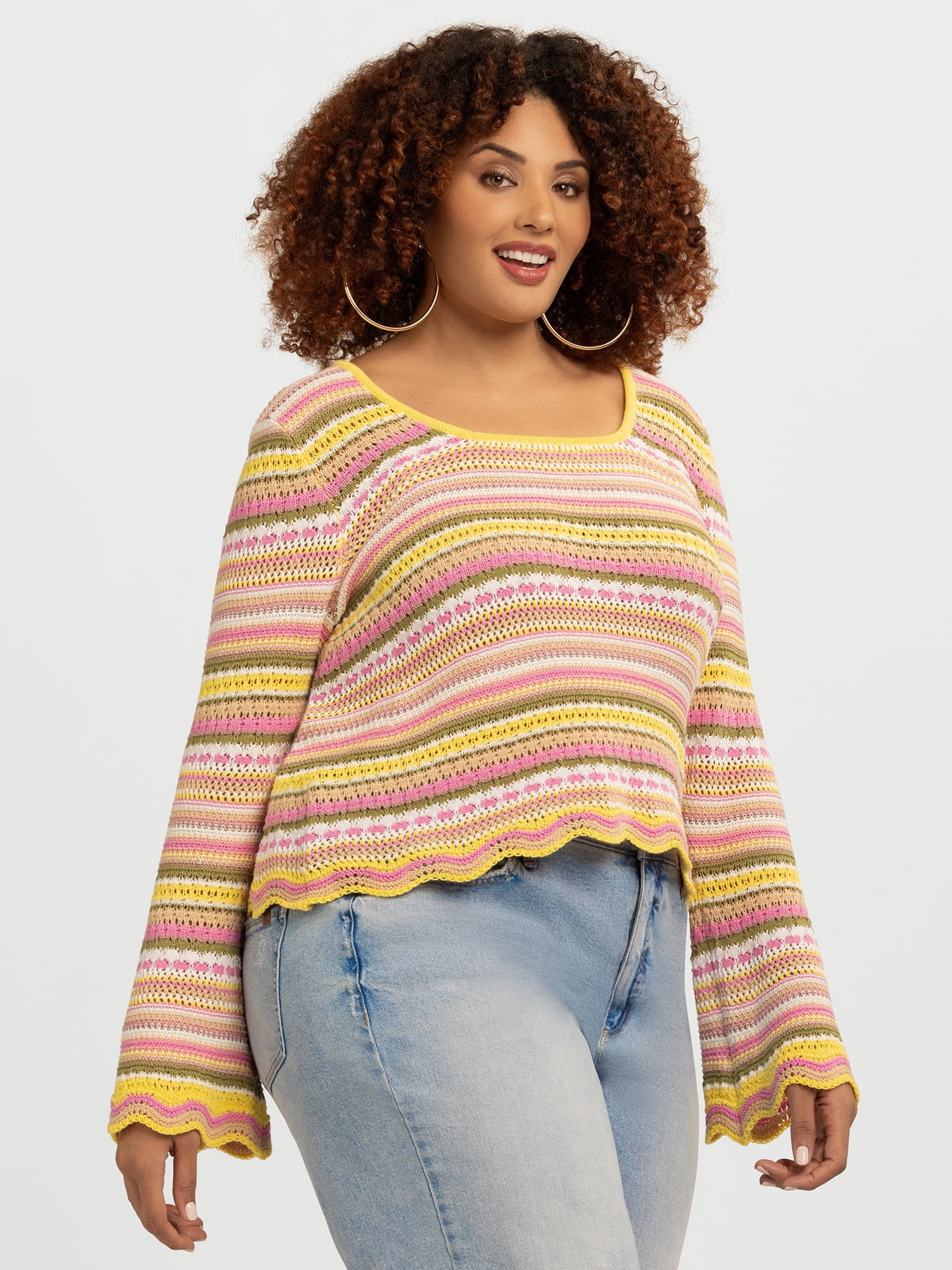 Jessica Simpson Women's Lilianna Cotton Pointelle Sweater with Long Sleeves, Lightweight, Sizes XS-X4