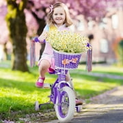 XJD 12 inch Kids Girls Bike for 3-12 Years Old Toddlers, Princess Children Bicycle with Training Wheels, Streamers, Basket, Doll Seat, Purple