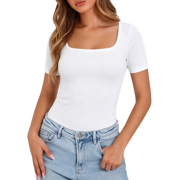 Daznico Women's Square Neck Short Sleeve Fitted T Shirt Casual Summer Basic Solid Tops,L
