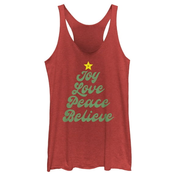 Women's Lost Gods Distressed Joy Love Peace Believe Tree  Racerback Tank Top Red Heather Medium