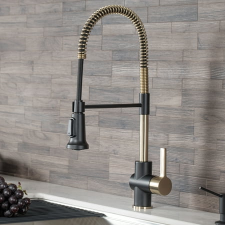 Kraus Britt Single Handle Commercial Kitchen Faucet with Dual Function Sprayhead In Brushed Gold/Matte Black