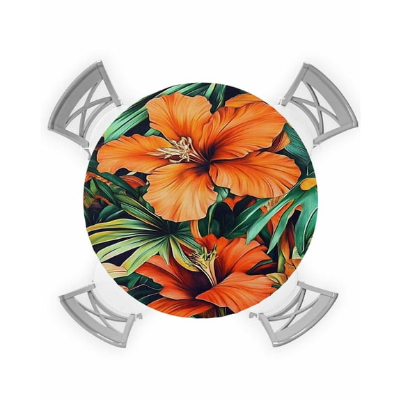 nqOlkjepod Burnt Orange Floral Round Tablecloth, Fitted Table Cover with Elastic for 36"-44" Round Tables, Tropical Botanical Leaves Floral Table Cloth Outdoor Dinning Party Waterproof Tablecloths