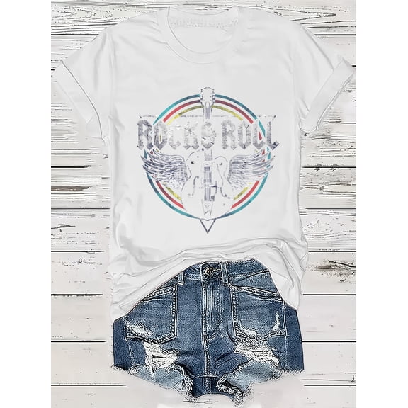 SHESIINN Circle Rock Band Pattern T-Shirt, Short Sleeve Casual Round Neck Top, Spring/Summer Women's Wear