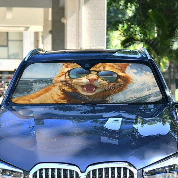 Cat Surfer Waves Sunglasses Automotive Front Car Windshield Sun Shade Reflector Foldable for Front Fit for Cars Truck SUVs