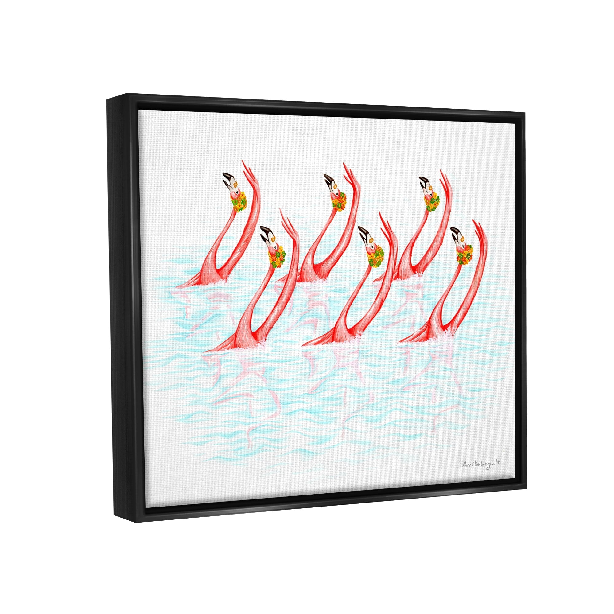 Stupell Industries Six Flamingoes Birds Synchronized Swimming Floral Caps Graphic Art Jet Black Floating Framed Canvas Print Wall Art, Design by Amelie Legault
