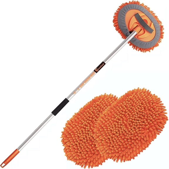 62" Wash Brush Mop Kit with Long Handle, 2 in 1 Chenille Microfiber Sponge Mitt Cleaning Detailing Duster for Washing SUV RV Caravans and Household(2 x Mop ) (Orange)