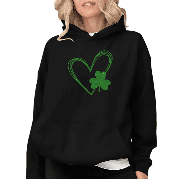 Black Print hoodie Graphic Sweatshirt S-2XL Sparkle Heart Shamrock Print St Patricks Day Holidays Tops