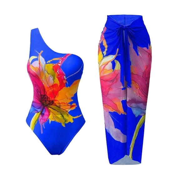 YTCAMLO 2 Piece Womens Bathing Suit One Shoulder One Piece Swimsuits with Boho Cover Up Wrap Skirt Floral Printed Quick Dry Beachwear, Blue S