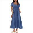 thumbnail image 3 of Vestido Veraniego Midi Bohemio de Corte A, Holgado, con Escote Cuadrado y Mangas Abullonadas, con Bolsillos, en Azul Marino, Talla S, 3 of 8