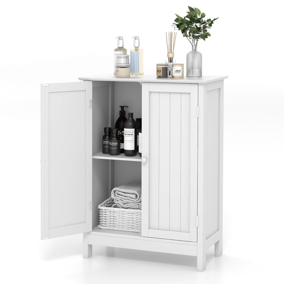 Wooden Bathroom Storage Cabinet, Freestanding Organizer with 2 Doors & Adjustable Shelf for Towels Toiletries Decor, White