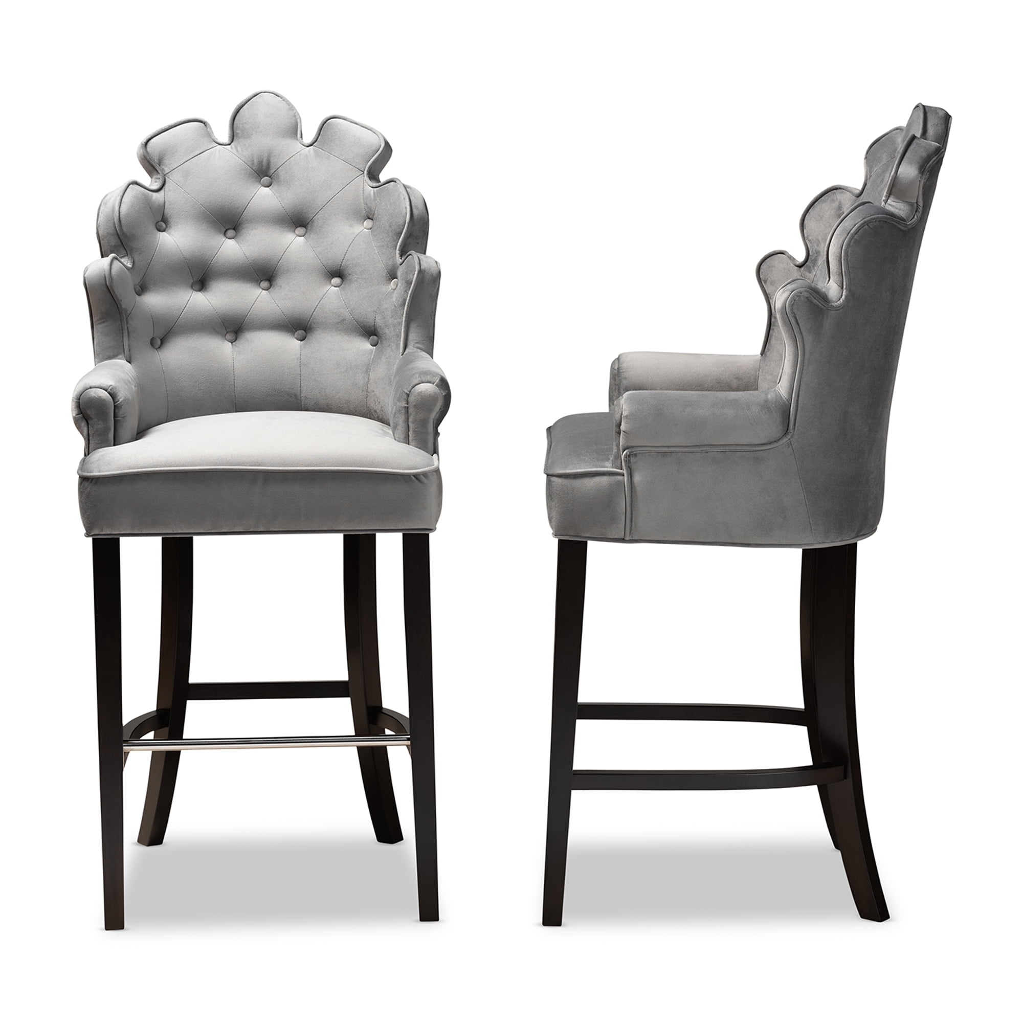 Baxton Studio Chloe Modern and Contemporary Dark Grey Velvet Upholstered and Dark Brown Finished Wood 2-Piece Bar Stool Set