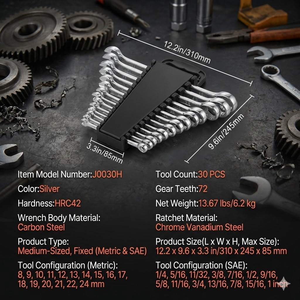 Combination Wrench Set, 30-Piece Ratcheting Wrench Set with Organizer Rack, Cr-V Steel Wrench Set SAE 1/4" to 1", Metric 8 mm to 24 mm, Ideal for General Household, Garage, Workshop, Emergency