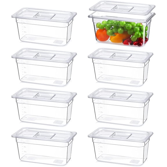 8 Sets Clear 1/3 size, 6 Inch Deep Food Pan Polycarbonate Square Food Storage Containers with Lids for Kitchen Restaurant Food Prep, Clear, 5.6qt