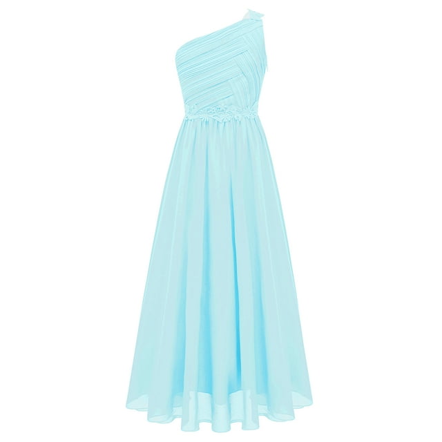 Aiihoo Robe de Demoiselle d'Honneur à une Épaule pour Mariage Robe Longue Ligne A Froncée Soirée Bal Bleu Clair 10