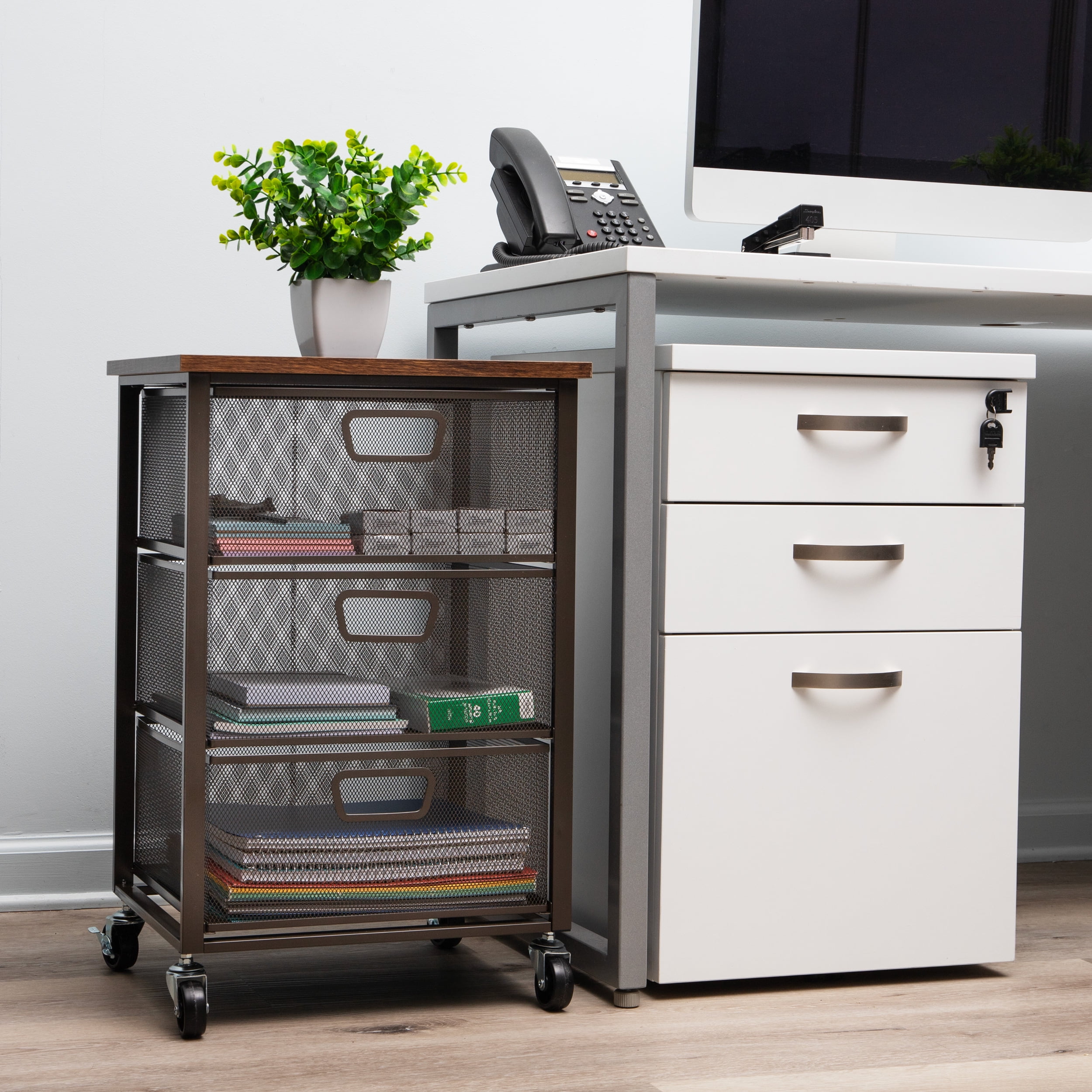 Mind Reader 3-Drawer Rolling Storage Cart, Office Organizer with Wood Top, Multipurpose Portable Cabinet with Wheels, Metal, Black