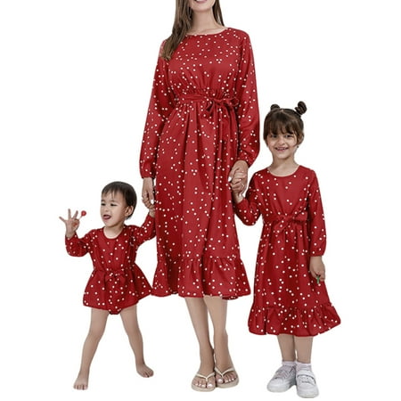 

Gwiyeopda Mom and Me Matching Dresses for Women Kid Girls Dots Print Ruffle Dress with Belt