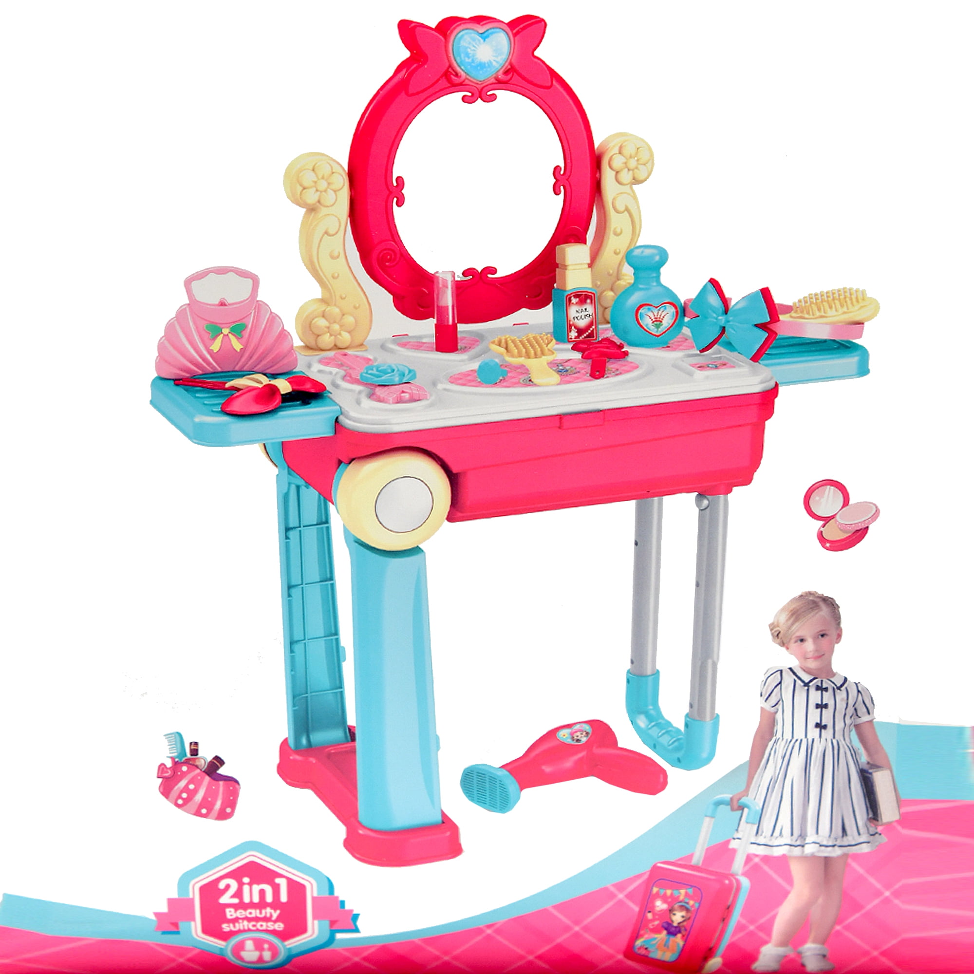 Girls Princess Glamour Mirror Dressing Play Vanity Table Set Makeup Kids Toy ES 