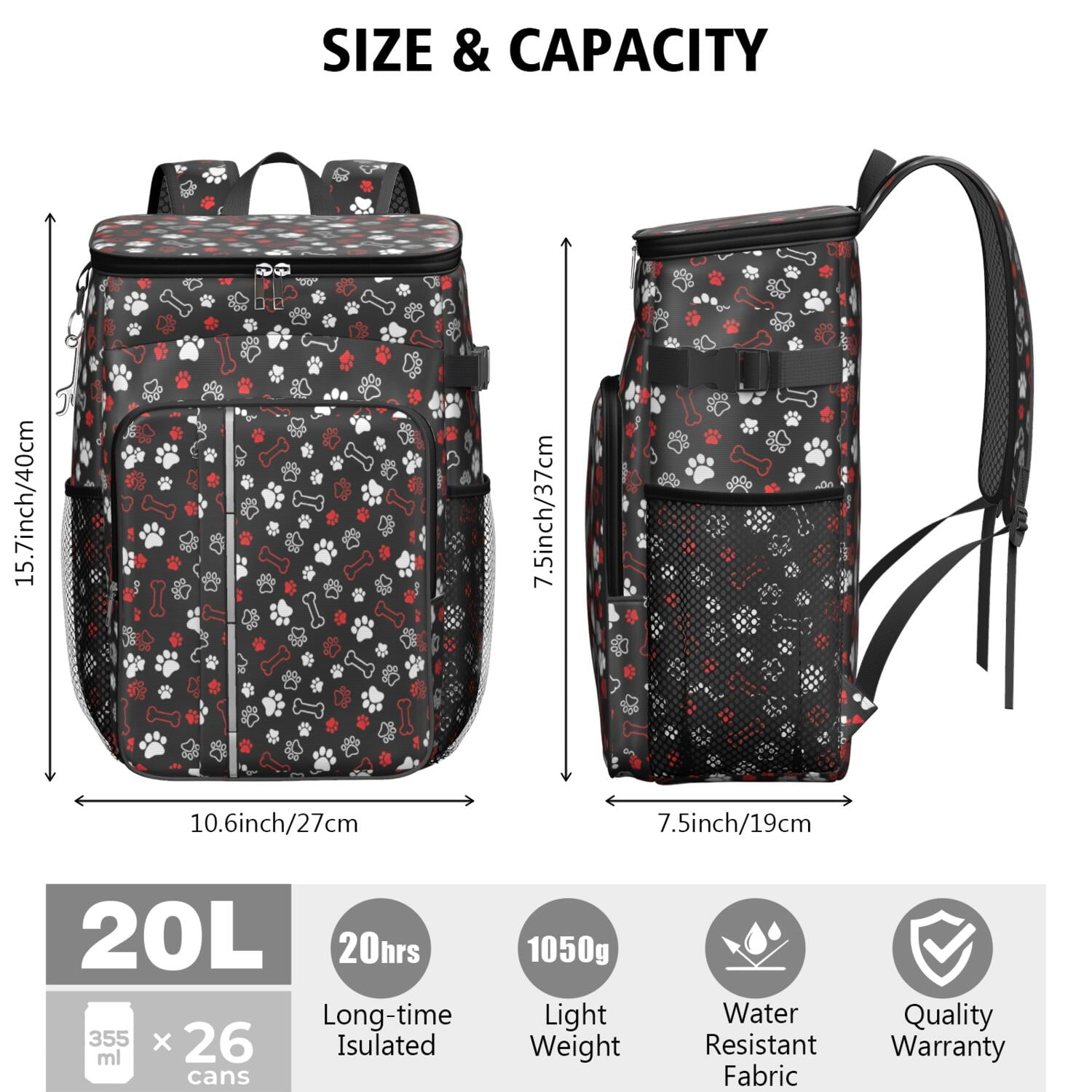 Travel Cooler Bag - Paw Prints and Bones Camping Beer Cooler Backpack with Bottle Opener- Waterproof Insulated Picnic Backpacks - Cooler Bag for Beach