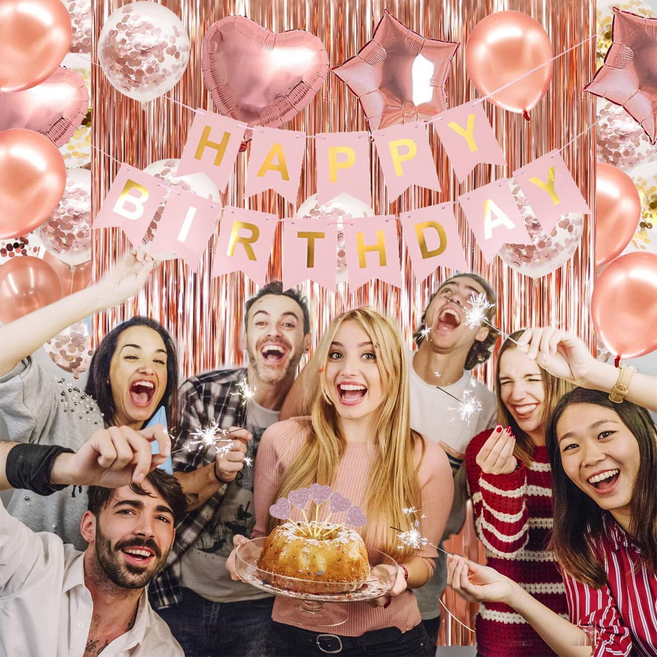 Pink Rose Gold Happy Birthday Banner – Glitter Birthday Party Decorations Kit For Ceiling, Wall, Table - View #3