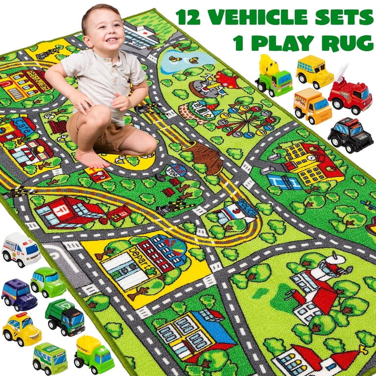 Joyfy Kids Car Play Rug with 12 Pull-Back Vehicles photo 1