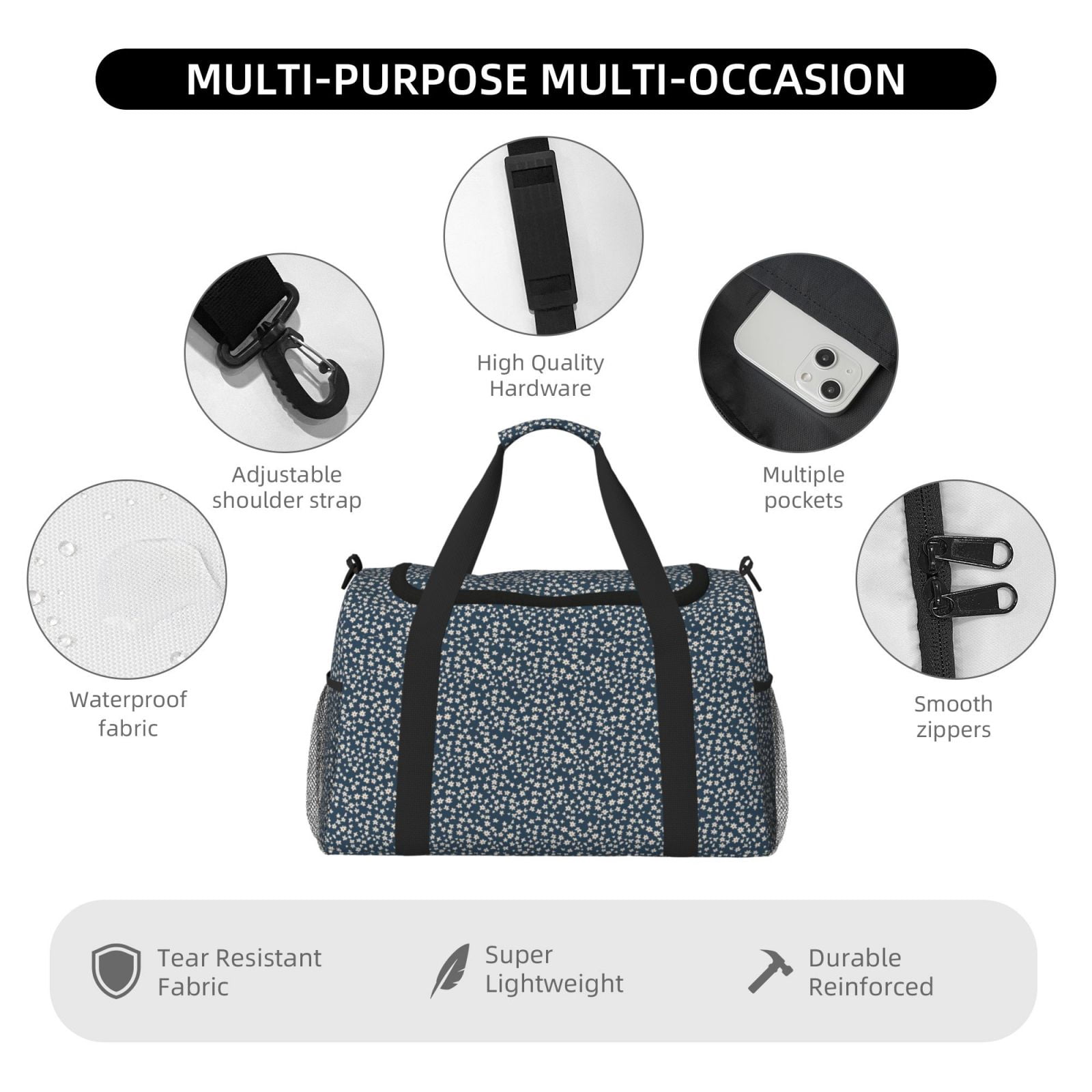 Fuzoiu Small White Flowers Print Travel Duffle Bag,Carry On Tote Bags,Duffel Bag,Sport Gym Bag, Hospital Bag for Labor and Delivery, Overnight Bag,Luggage Bag