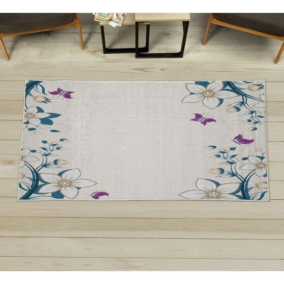 Floral Decorative Rug, Spring Flowers Leaves Branches Buds Butterflies Frame Like Abstract Art Pattern, Quality Carpet for Bedroom Dorm and Living Room, 6 Sizes, Dark Turquoise, by Ambesonne