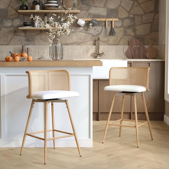 LAZZO Swivel Bar Stools Set of 2, 26” Counter Height Mid-Century Modern Stools with Natural Rattan Woven Back & Faux Leather Seat, White