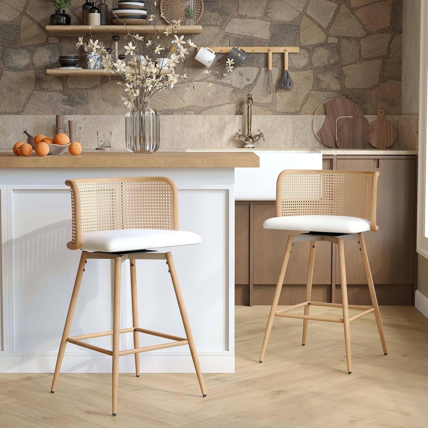 LAZZO Swivel Bar Stools Set of 2, 26” Counter Height Mid-Century Modern Stools with Natural Rattan Woven Back & Faux Leather Seat, White