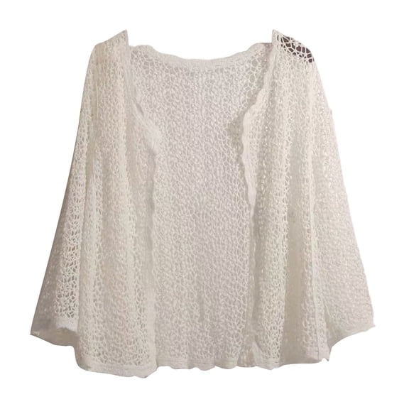 Women Summer Flare Long Sleeve Knitted Cardigan Hollow Out Crochet Mesh Net Open Front Cropped for Jacket Thin Lightweight Loose Beach Sweater Cover Up Top