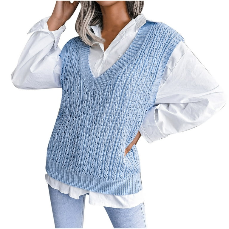 XFLWAM Women Cute Heart Plaid Print Sweater Vest V Neck Color Block  Sleeveless Pullover Knit Tank Top Light Blue-1 M 
