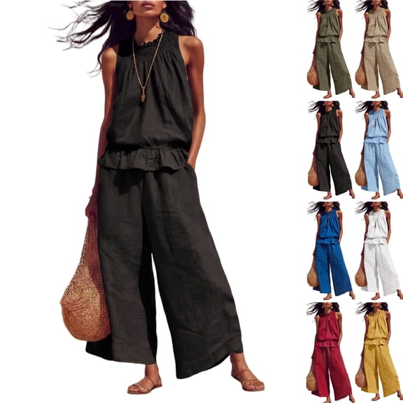 Women Linen Sets 2 Piece Outfits Boho Beach Travel Sets Sleeveless Ruffle Top Wide Leg Pants Lounge Matching Set,Black,XL