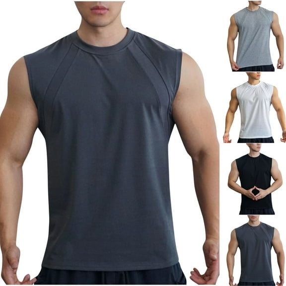 UVEASISHA Sleeveless Workout Shirts for Men Cotton Casual Muscle Tanks Big and Tall Athletic Tank Tops Solid Color Gym Running Shirt Dark Gray 3XL