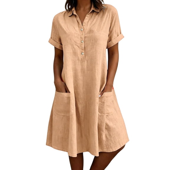 Vivianyo HD Women's Collar Henley Shirt Midi Dress, Loose Roll Cuff Short Sleeve Dresses With Patch Pocket for Summer Vacation, Women's Orange, Sizes S-3XL
